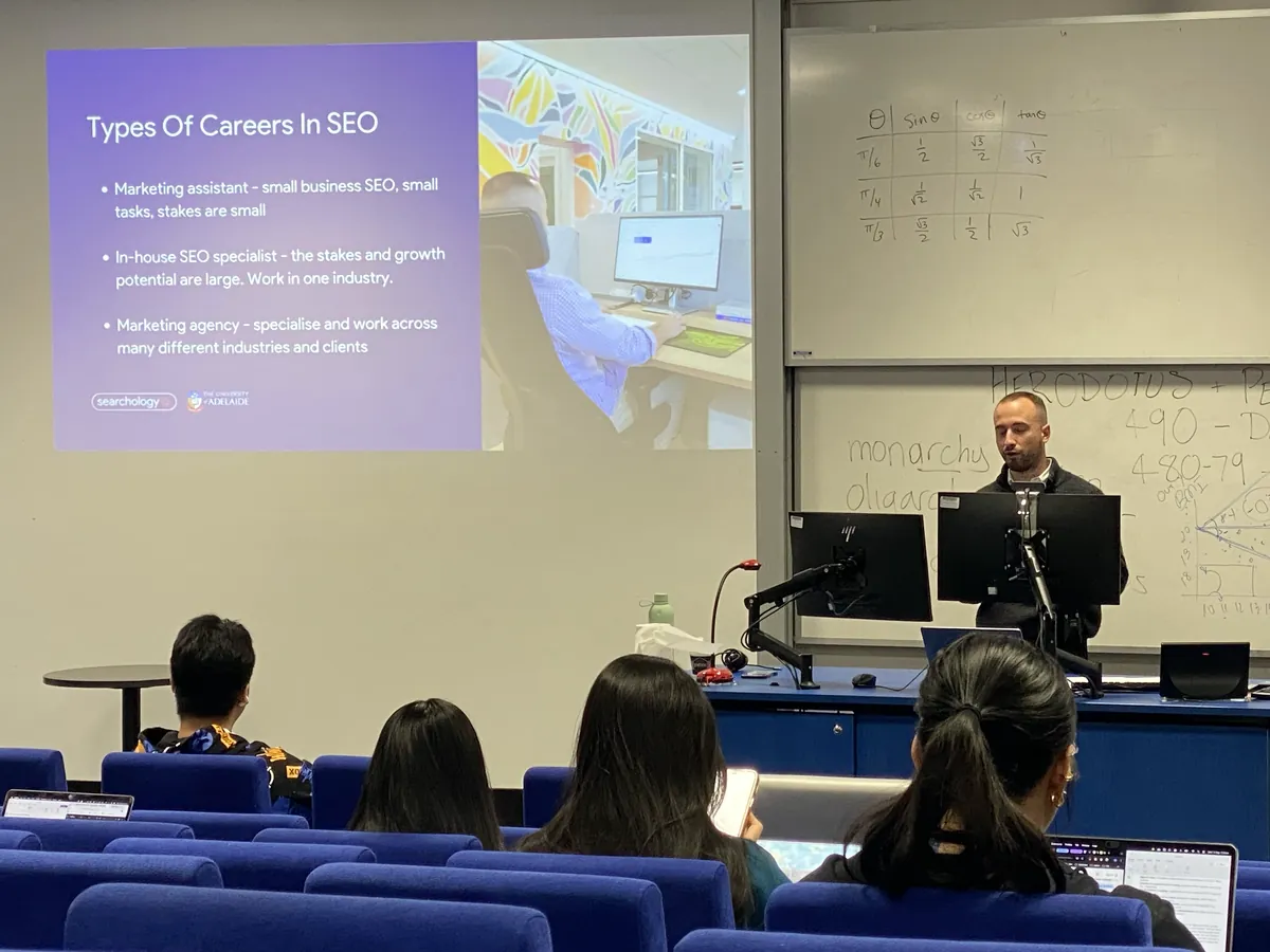 Jeremy Smolicz giving a guest lecture on SEO careers to students at The University of Adelaide